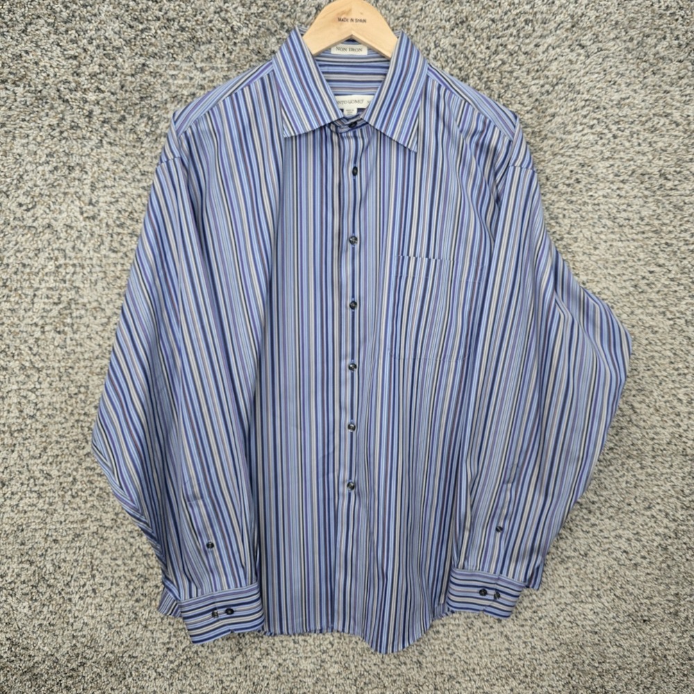 Pronto Uomo Dress Shirt Mens XL Blue Striped Button Up Non Iron Cotton Casual